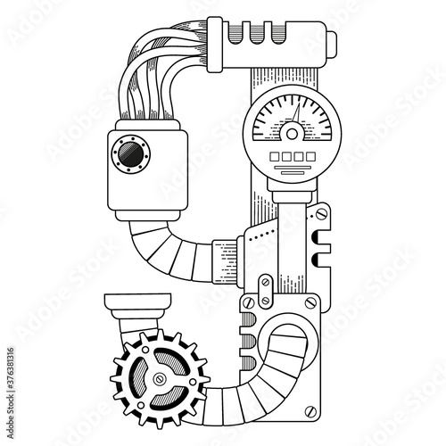 Vector coloring book for adults. Steampunk mathematical symbol nine. Mechanical number made of metal gears and various details on white background.