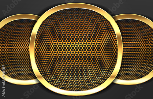 Modern abstract realistic black background with gold metal element. Abstract 3d background with black paper layers. Geometric illustration of carbon sliced shapes textured with golden mesh. 