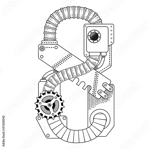 Vector coloring book for adults. Steampunk mathematical symbol eight. Mechanical number made of metal gears and various details on white background.