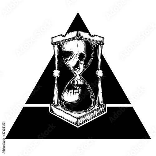 Decorative antique death hourglass illustration with skull. Hand drawn tarot card. Sketch for dotwork tattoo, hipster t-shirt design, vintage style posters. tattoo design vector.
