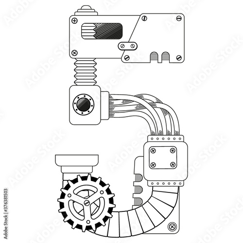 Vector coloring book for adults. Steampunk mathematical symbol five. Mechanical number made of metal gears and various details on white background.