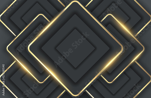 Modern abstract realistic black background with shiny gold metal element. Golden geometric layout frame background