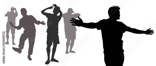 Silhouettes of cheerful men, in shorts in summer, perform dance moves, open their arms, arms outstretched to the sides. Isolated over white background. Group of 5 people, 4 full length, 1 waist