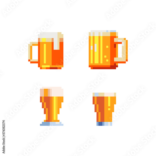 Glass mug of beer pixel art icons set isolated vector illustration. Element design stickers, logo, mobile app, menu. 8-bit sprite.