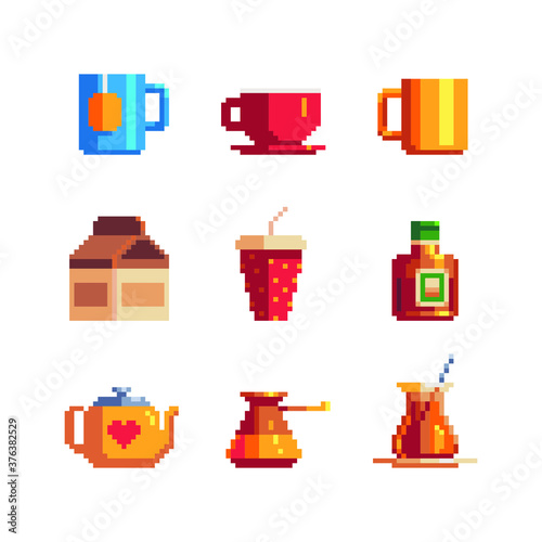 Mug of tea with teapot and paper cup for coffee, beverages pixel art icons set isolated vector illustration. Element design stickers, logo, mobile app, menu. 8-bit.