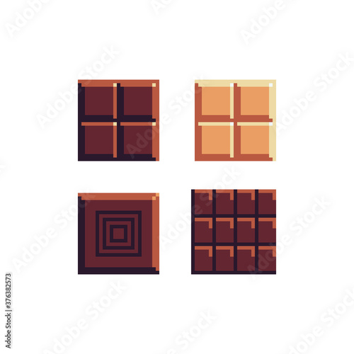 Chocolate sweets pixel art icons set.  Chocolate bar. Sweet food candies isolated flat style vector illustration. Baked tasty food. Logo, sticker and app. 8-bit.