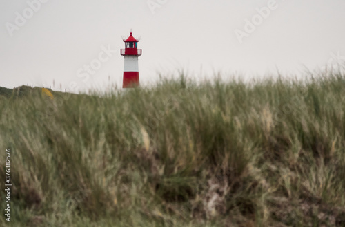 Red and white lighthouse behind the beach grass on a dune on the island of Sylt, Germany, selective focus