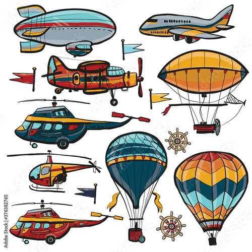 Cute hand drawn kids toy air aeronautic transport. Child bright cartoon chopper, helicopter, aerostat, balloon, biplane, dirigible, zeppelin, plane vector. Baby boy birthday set of isolated elements