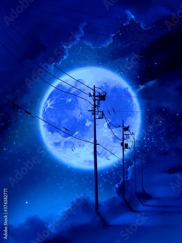 silhouette of electric pole with bluely full moon in  night sky