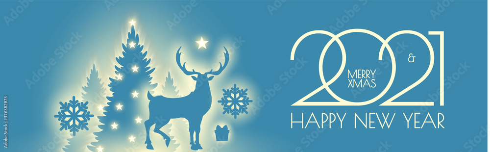 Merry Christmas amd happy new 2021 year shining silhouettes design template with fir trees, deer, gifts and snow. Merry Christmas amd happy new 2021 year shining silhouettes design template with fir trees, deer, gifts and snow.