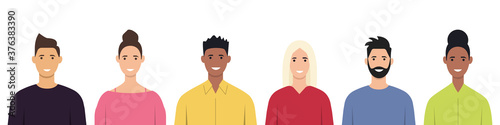 A multicultural group of people. A set of men and women of different nationalities. A multi-ethnic society. Teamwork, cooperation, friendship concept. Flat style. Vector illustration 