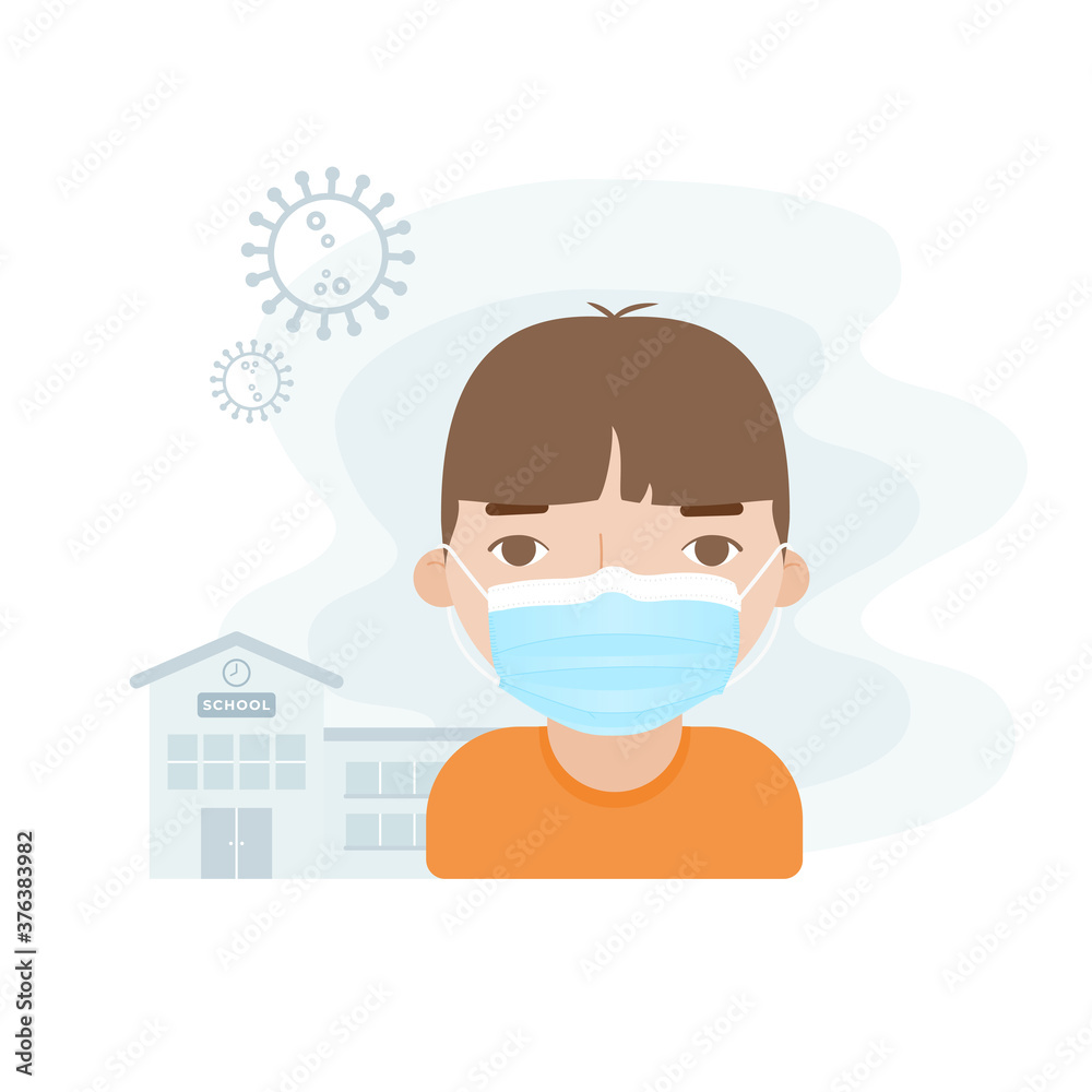 Boy child wearing facial mask in front of the school building. Concept of back to school in the new normal in times of the coronavirus pandemic. Covid-19 symbol. Vector illustration, flat design