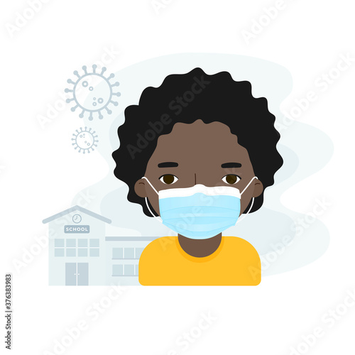 Boy child wearing facial mask in front of the school building. Concept of back to school in the new normal in times of the coronavirus pandemic. Covid-19 symbol. Vector illustration, flat design