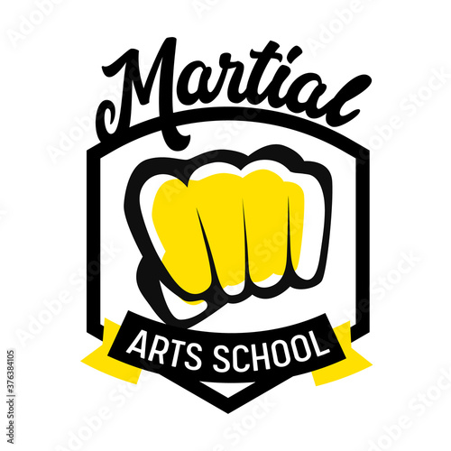 Martial Arts School Banner or Label with Fighters Fist and Black Typography. Emblem for Combat Classes, Boxing Battle