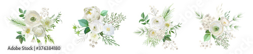 Elegant Winter bouquetes, Evergreen pine brunches, pale rose, white hydrangea, ranunculus flowers, eucalyptus, rowan berry, greenery leaves, floral elements. Vector isolated illustration set