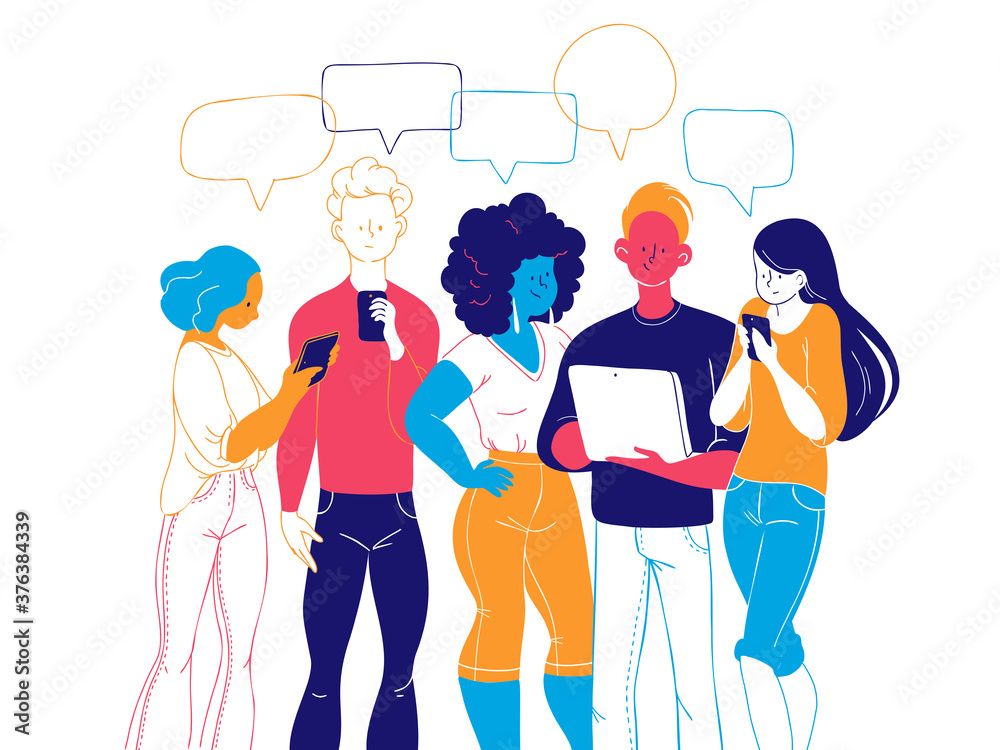 Obraz premium Young people standing together looking at smartphones, notepad and tablet reading news, chatting, discussing, surfing through internet, learning. Vector trendy flat hand drawn illustration.