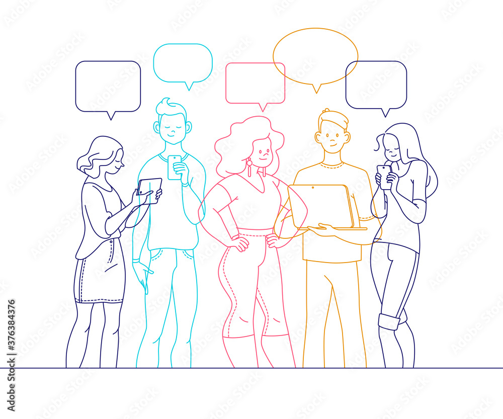 Young people standing together looking at smartphones, notepad and tablet reading news, chatting, discussing, surfing through internet, learning. Vector trendy flat hand drawn illustration.