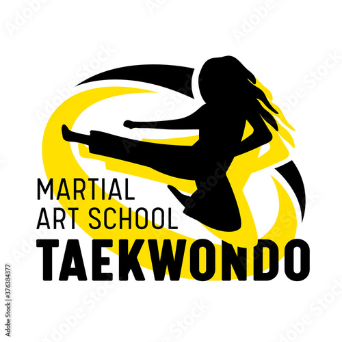 Taekwondo Martial Arts School Banner or Label with Fighter Jumping and Typography on White Background. Fighting Club