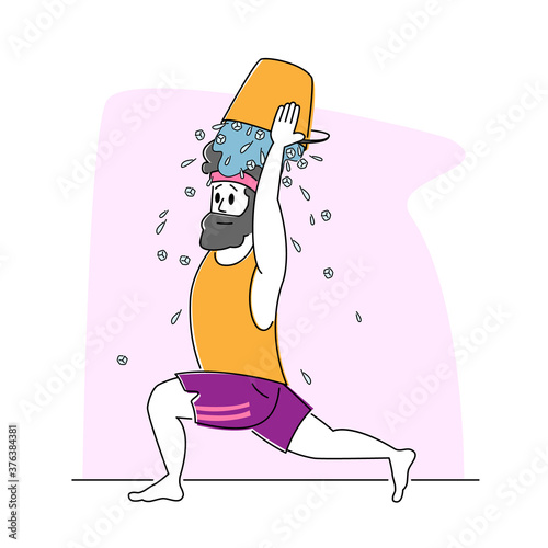 Young Man in Sports Wear Pouring Ice Water Bucket on Head, Extreme Hardening Body. Male Character Temper himself