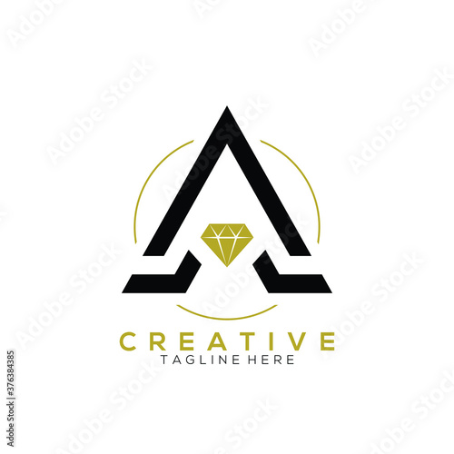 Elegant black letter A diamond jewellery logo with gold circle line