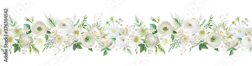 Winter floral vector garland border, Watercolor Flowers Christmas season frame, holiday seamless background, with rowan berries, pine branch, ranunculus, xmas decoration banner