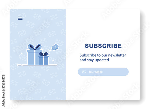 Subscription to newsletter, news, offers, promotions. Gift with bow. Web Mock up Template. Subscribe. Follow me. Popping window for website. Send by email. Blue. Eps 10
