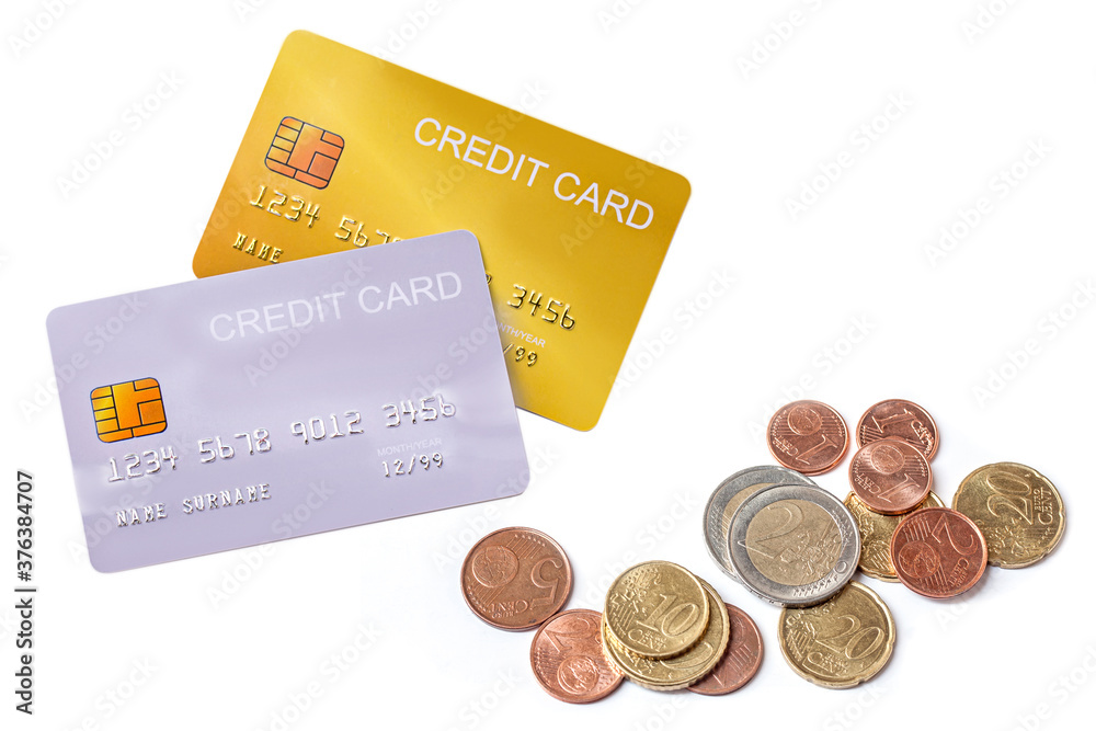 mock up demo credit card with euro money banknote and coins on white background. mock up demo credit card with euro money banknote and coins on white background.