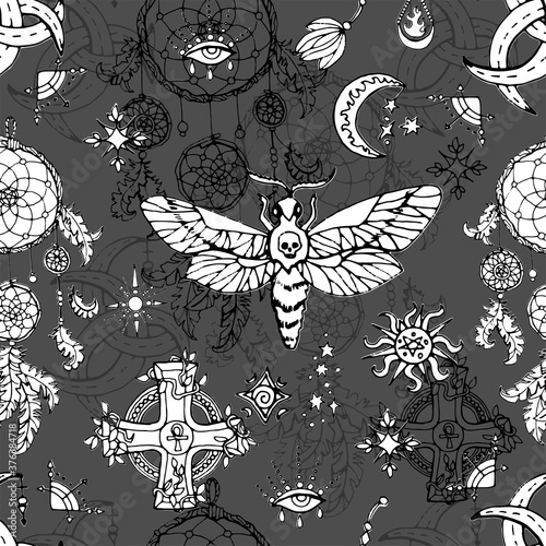  Seamless pattern with moth - symbol of death, cross, moon and mystic magic objects.  Spiritual background for Halloween, esoteric, gothic and occult concept