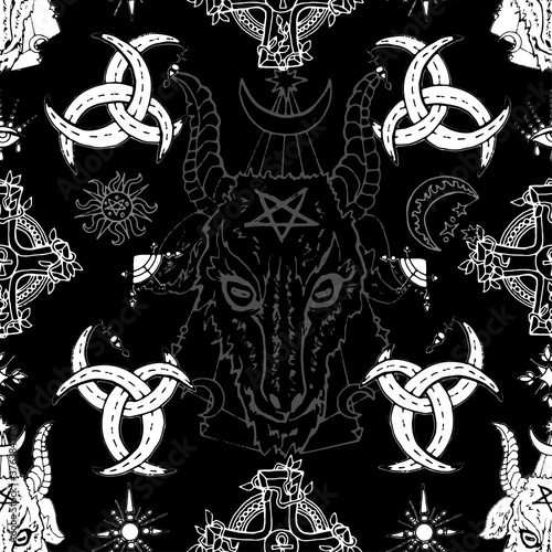 Seamless pattern with diabolic head of goat, moon, cross and magic symbols. Mystic background for Halloween, esoteric, gothic and occult concept