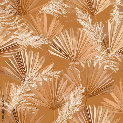 Tropical vector dry palm leaves, pampas grass seamless pattern, watercolor design boho background for wedding, textile print, exotic tropical wallpaper texture, cover, backdrop, decoration