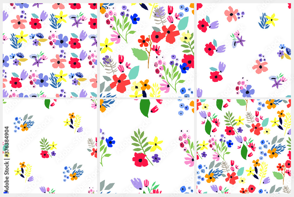 Seamless pattern set. Vector floral design with wildflowers. Romantic background collection Seamless pattern set. Vector floral design with wildflowers. Romantic background collection