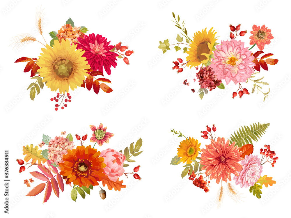 Watercolor vector autumn flowers bouquets, orange hydrangea, fern, dahlia, red rowan berry, sunflower, fall leaves collection. Isolated Floral colorful Set - obrazy, fototapety, plakaty 
