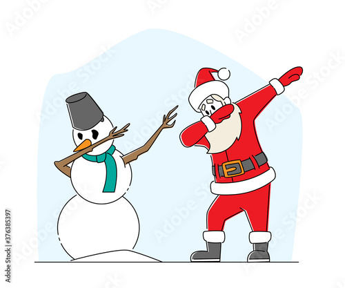 Xmas Celebration, Santa Claus and Snowman Dabbing Motion. Funny Man in Red Costume Dab Disco Modern Dancing Party