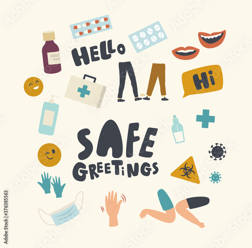 Set Icons Safe Greeting Theme. Alternative Noncontact Greet During Covid19 Pandemic  Social Distancing  Virus Prevention