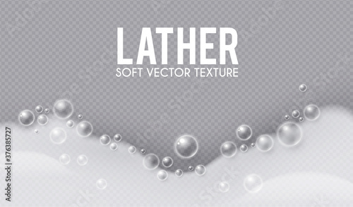 Realistic bath foam. Lather effect. Soap bubbles on transparent background