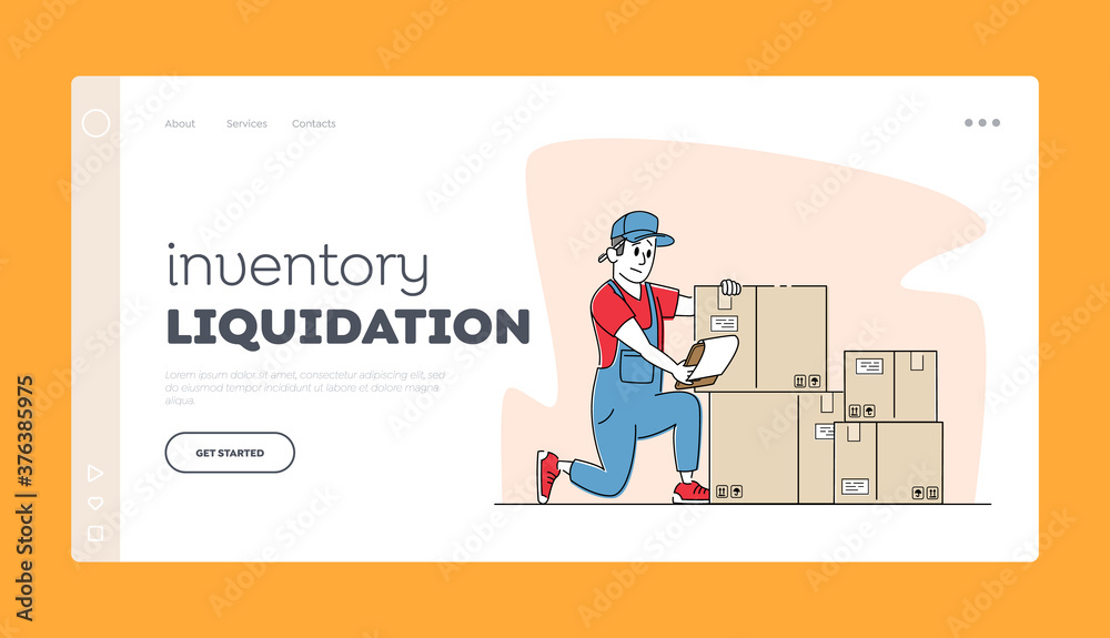 Logistic, Freight Accounting and Inventory Management Landing Page Template. Manager Male Character Work in Warehouse