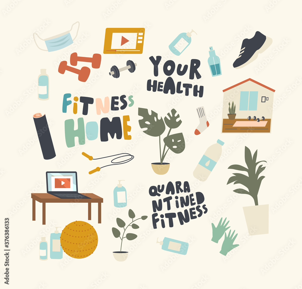 Set of Vector Icons Fitness on Quarantine Theme. Home Sport Exercising, Workout during Covid Isolation and Lockdown Set of Vector Icons Fitness on Quarantine Theme. Home Sport Exercising, Workout during Covid Isolation and Lockdown