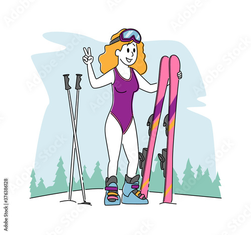Woman Wearing Swimsuit and Glasses Posing with Skis. Young Female Character Skiing in Mountains, Hardening Body