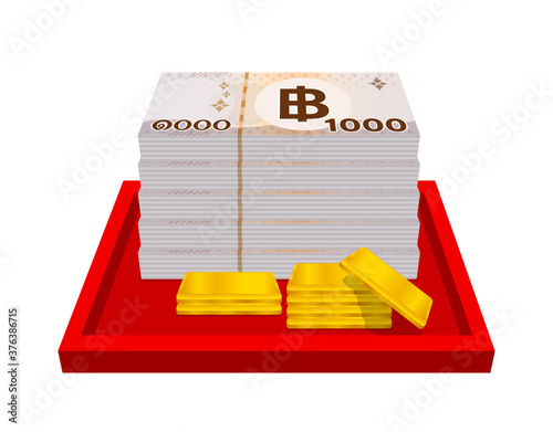 gold bars and stack thai money, gold bullion and banknote THB of thailand, financial business and savings concepts, thai baht money and gold bar in red tray, bank note paper money bullion gold