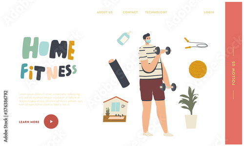 Fitness Sport Exercises on Quarantine Landing Page Template. Male Character Training with Dumbbells at Home during Covid