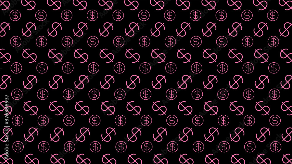 Dollar money sign pink pattern, black background, USD dollar currency symbol for wallpaper, dollar pattern for fabric print