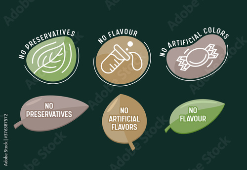 Set of Icons No Preservatives, Artificial Flavors and Colors, Isolated Labels in Shape of Leaves with Flask and Candy