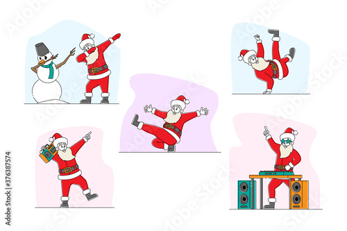 Set of Funny Santa Claus and Snowman Dancing. Christmas Characters Dabbing Move, Break Dance and Hip Hop Style, DJ Party