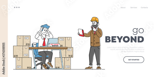 Freight Accounting and Management Landing Page Template. Inventory Manager Characters Work in Warehouse, Distribution
