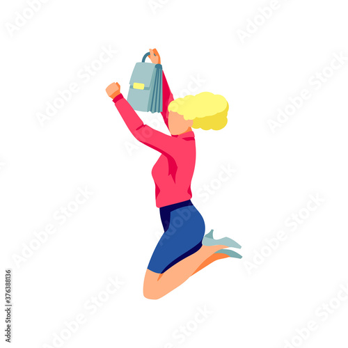 Excited businesswoman happily jumping. Positive young woman with briefcase celebrating victory, rejoicing freedom cartoon vector illustration isolated on white background