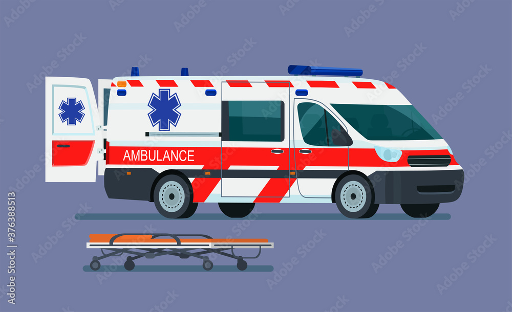 Ambulance with a gurney for the patient. Vector flat style illustration.