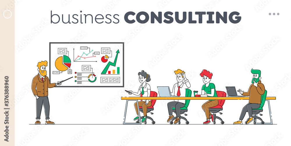 Meeting with Employees, Business Consulting Landing Page Template. Company Leader or Coach Character Pointing on Charts Meeting with Employees, Business Consulting Landing Page Template. Company Leader or Coach Character Pointing on Charts
