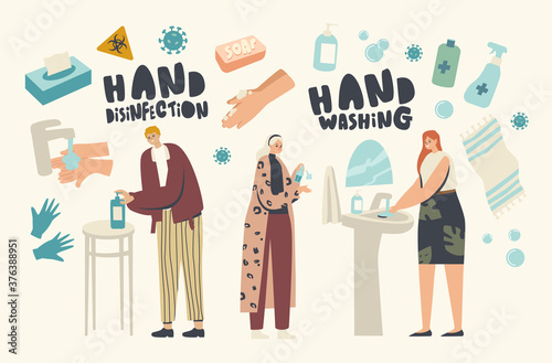 Coronavirus Infection Prevention, Disinfection and Stay Home Concept. Male and Female Characters Washing Hands with Soap