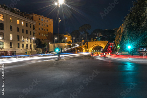 night traffic in the city of Rome Italy