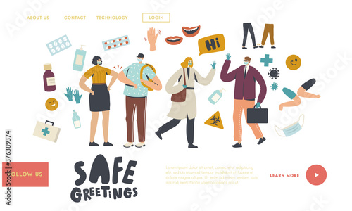 Safe Noncontact Greet Landing Page Template. Friends or Colleagues Characters Alternative Greeting During Coronavirus